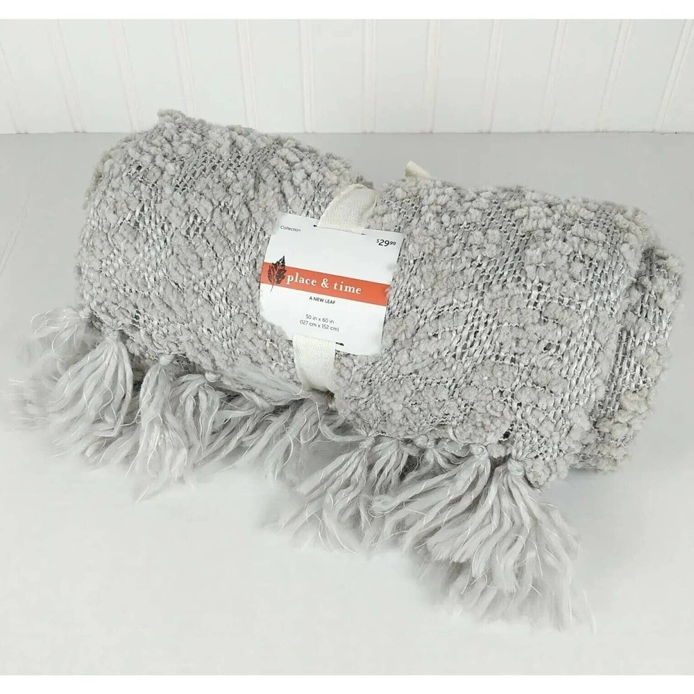 NWT Place & Time Gray Sofa Throw Blanket w/ Fringe Textured Decorative